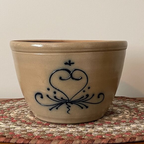 VTG Salt Glazed Pottery Bowl, 3D Cobalt Blue Heart Motif/Design, c1990s - Picture 1 of 5